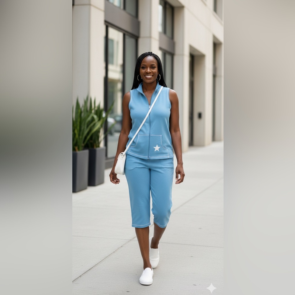 SIZE M VINTAGE TWO PIECES New W/ Tags The Quacker Factory Blue Top And Pant Set